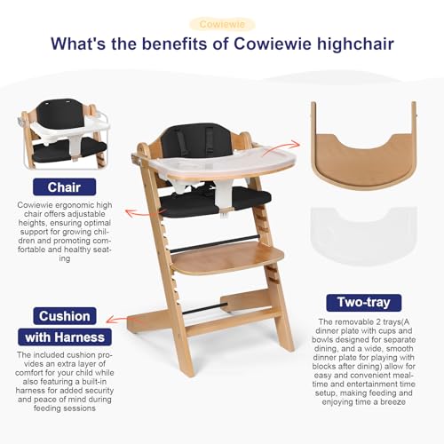 Cowiewie Natural Wooden High Chair for Babies & Toddlers 3-Tier Remove & 2 Adjustable Tray, 8 Adjustable Highchair with Cushions, Easy to Clean (Black)