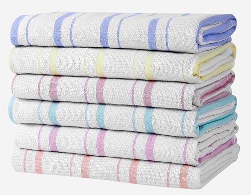 Zeppoli Classic Kitchen Towels – 6 Pack – 20 by 28 inches – 100% Natural Cotton Dish Reusable Cleaning Cloths – Super Absorbent – Machine Washable Hand Towels (Pastel)