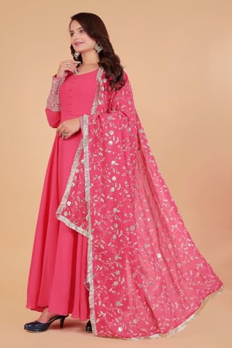 Image of ROYALICA Women's Georgette Gown Set with Solid Pattern Floor Length Round Neck Fit & Flare Full Sleeves Gown Pant and Embroidery Work Dupatta | Anarkali Gown Set for Women