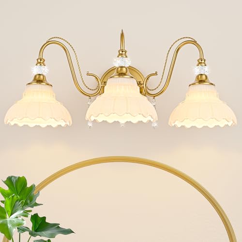 Image of Vintage Bathroom Vanity Light, 3-Light Brushed Gold Finish Wall Sconce with Hanging Crystal Accents and Flower-Shaped White Glass Shades, Retro Wall Mount Vanity Light Over Mirror for Bathroom
