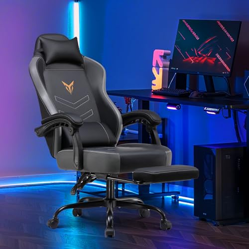 Image of GTPLAYER Gaming Chair with Footrest, Recliner Chair with Headrest & Lumbar Support, Linkage Armrest, Ergonomic Gaming Chair 350lbs, High Back Office Home, Grey