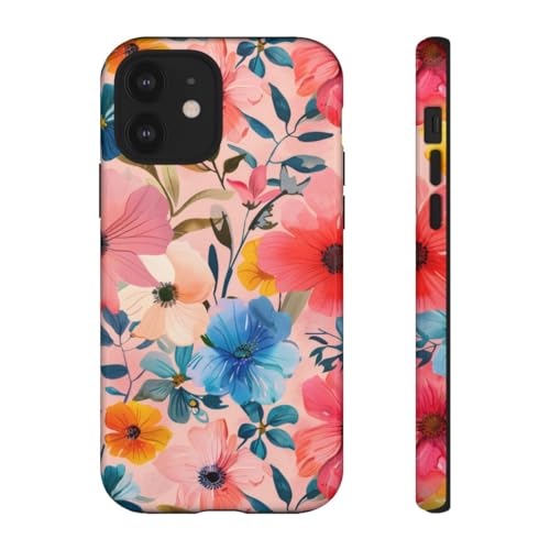 Coque rigide brillante iPhone 12 rose motif floral coloré