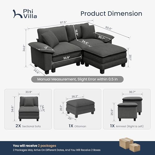 Image of PHI VILLA 87.5 inch Oversized Sectional Loveseat Sofa with 1 Movable Ottoman | Corduroy Grey, Wider Armrest, Comfy Deep Seat, Wood Frame, Modern Cloud Modular Couch for Living Room and Apartment