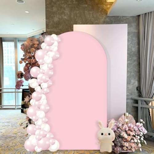 Image of MLMC 7.2FT Arch Backdrop Cover Pink Fitted Spandex Backdrop Stand Cover Stretchy Round Top Chiara Arch Cover for Baby Shower Birthday Party Wedding Ceremony Photography Background Decor 7.2x4FT