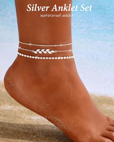 Image of ZHESHY Gold Silver Ankle Bracelets for Women 14K Gold Plated Anklets for Women Waterproof Cuban Link Heart Chain Anklets Set Non Tarnish Dainty Layered Anklet Bracelets for Women Summer Beach Jewelry