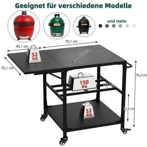 Carrello per barbecue da esterno per XL Big Green Egg, resistente alle intemperie e pieghevole, robusto carrello in metallo con ruote, ripiano e ganci per attrezzi, tavolo mobile per barbecue per