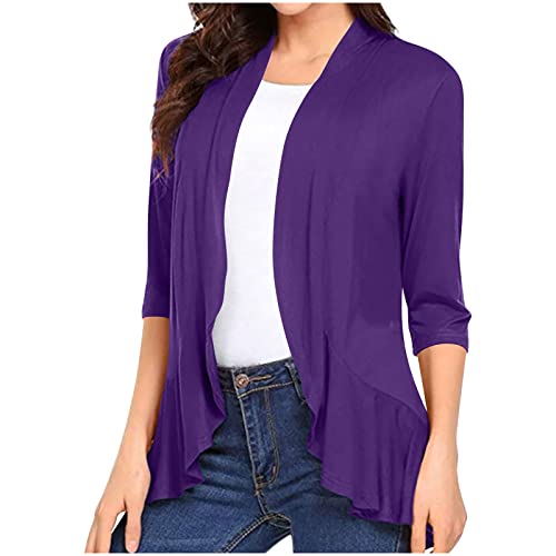 Cárdigan abierto para mujer, manga 3/4, drapeado, con volantes, de punto suave, para verano, ligero, casual, holgado, A01 Púrpura, M