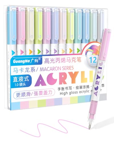Guangna Macaron Pastel Acrylic Gel Pens 12 Color Fine Tip 1.0mm Colored Pens for Journaling Black Paper Adult Coloring Books Calligraphy Note Taking & DIY Crafts RollerBall Pen Tip