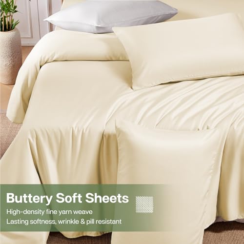 MR&HM Twin Sheets Set, 3-Piece Cooling Sheets, Rayon Derived from Bamboo & Polyester Blend, Soft & Silky, 15" Deep Pockets with Elastic Straps, Hotel Luxury for Hot Sleepers, Cream
