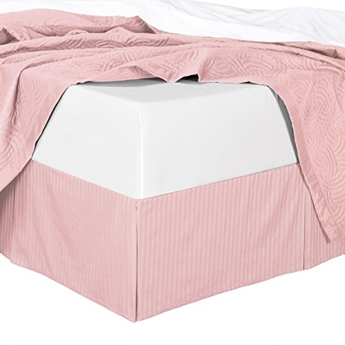 300tc Cotton Stripes Pleated Tailored Bed Skirt with 15 Inches Drop and Split Corners (King, Blush)