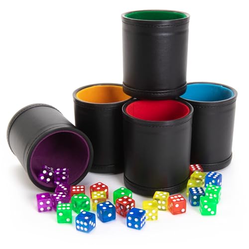 Brybelly Dice Set with Dice Shaker Cup - Perfect for Casino Dice Game for Family Leather Dice Cup - Poker Dice Shaker - Multicolor Dice Cups and 25 Multicolor Dice Sets