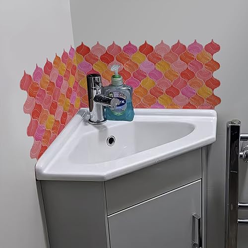 Image of WallDesign Mosaic Lantern Red Orange Shades - 2ft x 9.75 inch Waterproof Easy-Clean Vinyl Tile Sticker for Kitchen Counter, Washbasin, Table, Wall, Bedroom, Cupboard /Almirah