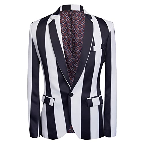 Men Slim Fit Striped 2 Pieces Suit One Button Stripe Formal Blazer & Pant Single Breasted Prom Wedding Tuxedo Set (Black,X-Large)