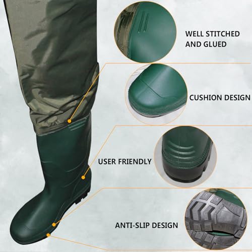 Fishing Waders with Boots, 3-Ply Nylon/PVC Bootfoot Chest Waders for Men Women, Waterproof Fishing Boot (Green)