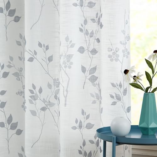 Image of Beauoop Floral Polyester Curtains 96 Inches Long 2 Panels for Living Room Bedroom Grey Farmhouse Flower Patterned Light Filtering Textured Grommet Top Window Treatments Drapes, 50x96 2 Set | Farmhouse Flower Patterned Light Filtering Drapes for Bedroom 96 Inch Long Textured Privacy Voile Window Treatment Grommet