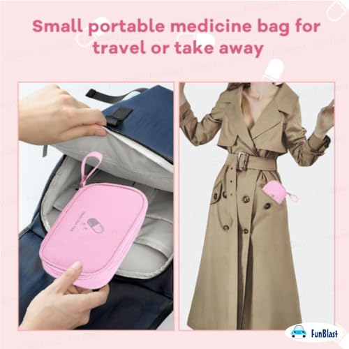Image of FunBlast Portable Medicine Bag - Mini First Aid Travel Bags, Medicine Storage Bag, Pill Organizer, Zippered Medicines Bag for School, Travel, Camping (Pink)