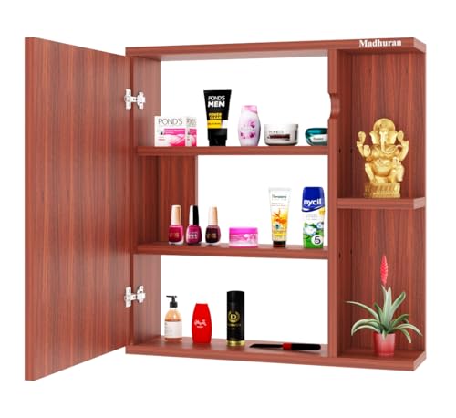 Image of Madhuran Alfred Engineered Wood Wall Mounted Cabinet Mirror (Teak Finish) Makeup Dressing Storage Organizer Box Stand Cabinets Accessories Shelves Decoration Items