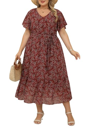 Image of Nemidor Plus Size Women Casual Maxi Dresses Print Bobo Belted Layered Chiffon Summer Long Dress with Ruffle Sleeve