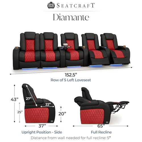 Image of Seatcraft Diamante Black /Red Italian Leather Home Theater Seating, Zero Gravity Power Recliner, Gaming and Home Office Chair, Powered Headrest Furniture for Cinema Room, Row of 5 Left Loveseats