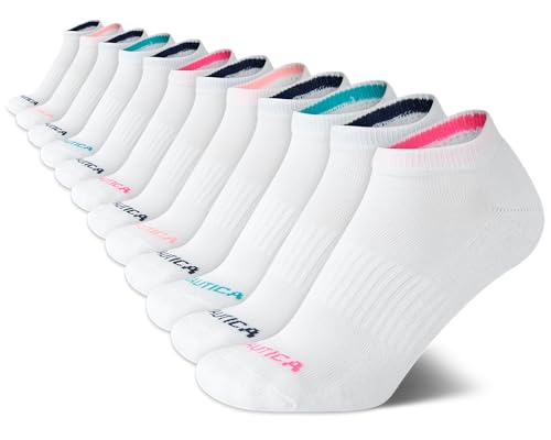 Image of Nautica Womens No Show Socks Moisture Wicking Low Cut Ankle Socks, 12 Pack | Moisture Wicking Dri-Motion Fabric, Cushioned Key Areas, Banded Arch Support, No Show Low Cut, Shoe Size 4-10