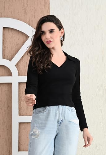 Image of Women's V-Neck Collar Full Sleeve Ribbed Top - Pure Cotton, All-Season, Comfortable & Stylish(Black,XXL)