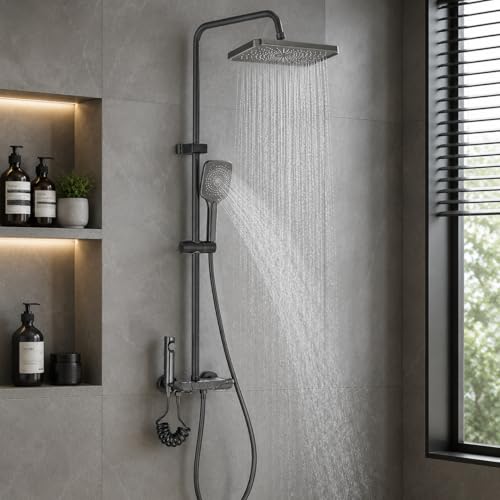 JUNSHENG Ensemble de douche avec pomme de douche et douche, colonne de douche avec quatre modes, colonne de douche en gris canon de fusil, aluminium Apatial,...