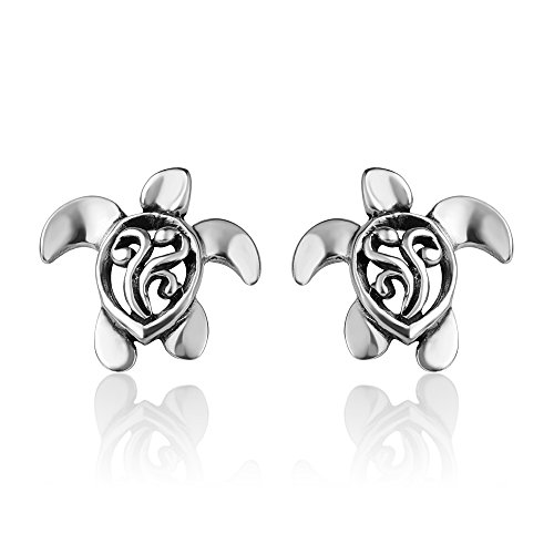 Chuvora 925 Oxidized Sterling Silver Vintage Small Little Filigree Sea Turtle Post Stud Earrings 14 mm