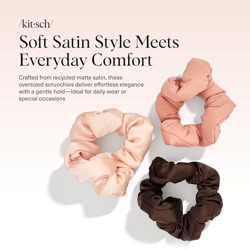 Image of Kitsch Matte Satin Scrunchies for Women - No Crease Hair Ties No Damage | Scrunchies for All Hair Types | Stylish & Comfortable, For Ponytails & Buns | Ideal Gifts for Women - Rosewood, 3pcs