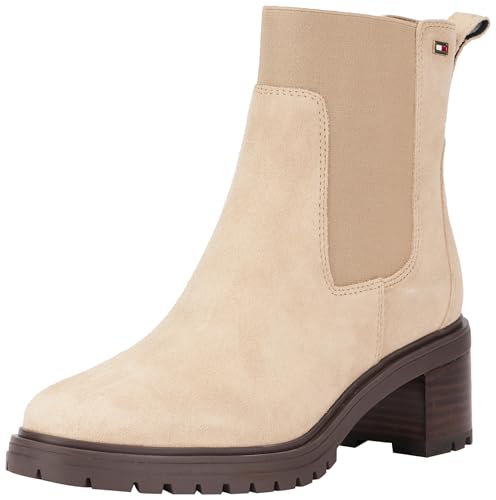 Tommy Hilfiger Botines Chelsea Mujer Flag Mid Heel Suede de Ante, Beige (Beige), 39 EU