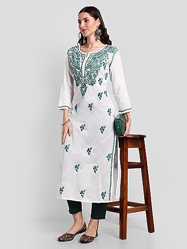 Image of Seva Chikan Hand Embroidered Lucknowi Chikankari Regular Straight Cotton Kurta Kurti for Women SCL4243