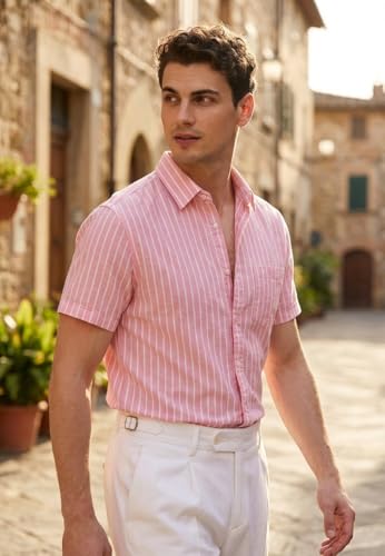 Image of Afflatus Men's Striped Half Sleeve Cotton Shirt | Slim Fit Casual Summer Shirt for Men | Lightweight Breathable Button-Down Shirt for Office and Travel