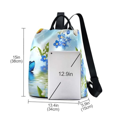 Mochila antirrobo mujer flores azules y blancas con pompón para viaje y uso diario cómodo 3