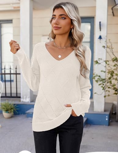 Zeagoo Womens Sweaters Fall 2025 Long Sleeve Knit Pullover V Neck Lightweight Crochet Sweater Tops Dressy Casual2