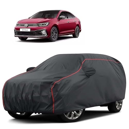 Image of Sulfar 100% Water Resistant Car Body Cover Compatible with Mirror for Volkswagen Virtus (Triple Stitched, Full Bottom Elastic, Dark Grey Tafetta with Red Piping)