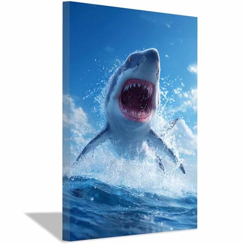 Poster océan grand requin blanc pour salon et chambre déco murale bleu blanc CUDAOO