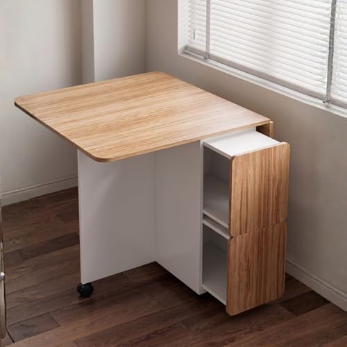 Image of TEKAVO Zydra Foldable Dining Table with 4 Chairs I Folding Space Saving Dining Table 4 Seater I Movable Furniture with 6 Wheels I White & Mile Oak I (120L x 80W x 80H CM) - DIY.