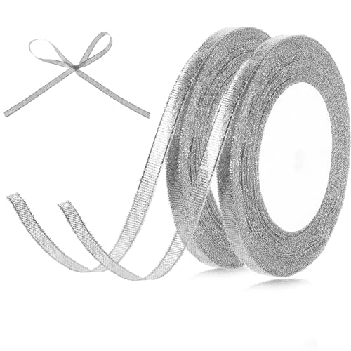 Thinp 2 Rollen Geschenkband,Silber Schleifenband,Glitzer Geschenk Band,Organzaband,Deko Satinband,Satin Dekoband für Hochzeit Geburtstag Taufe Bastelarbeiten Geschenkverpackung Weihnachtstischdeko