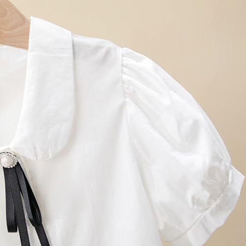 Girls White Blouse Button Down Shirts Puff Short Sleeve Princess Bowknot School Uniform Tops3