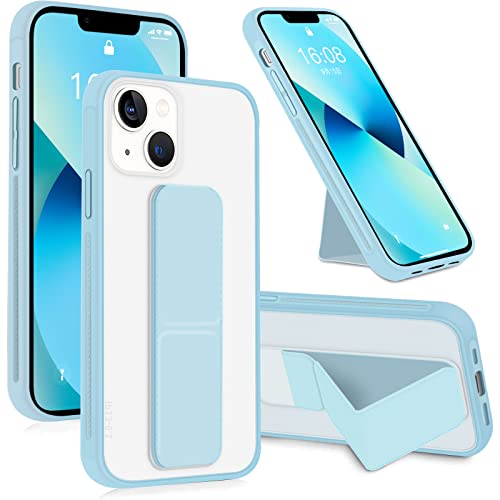 INFOSUN iPhone 13 Case Cover, Matte Stand Foldable Kickstand Hand Grip Frosted Holder Phone Cover for 13 6.1 inch(Light Blue)