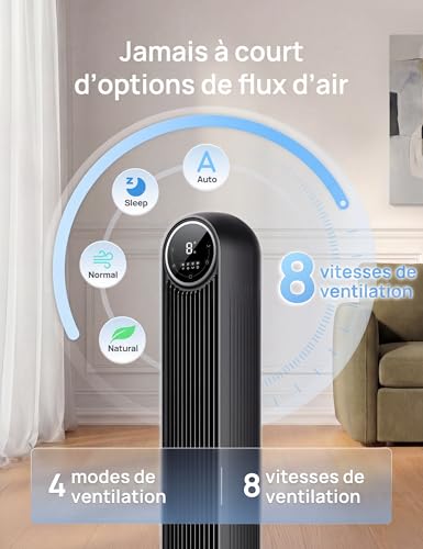 DREO 20dB ventilateur colonne silencieux, Vitesse 7,6 m/s - Oscillant à 90° ventilateurs tour pour chambre, 92 cm de haut, Télécommande incluse, 4 vitesses, 4 modes, minuterie 8H, Noir - Nomad One – vue 4