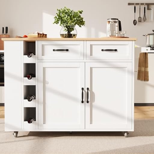 Isla de cocina con enchufes y placa extensible – Carrito de cocina móvil blanco 131,5 cm con ruedas, 2 cajones y botellero – Carrito de servicio eléctrico con función plegable como armario buffet | Ya disponible en tu tienda friki favorita! En mundofriki.es!
