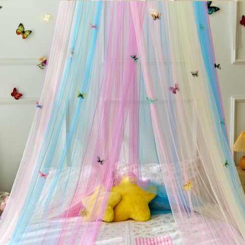 Image of Rainbow Bed Canopy with Butterflies for Girls,Breathable Canopy Bed Curtain for Bed,Princess Play Tent for Kids Room Reading Nook