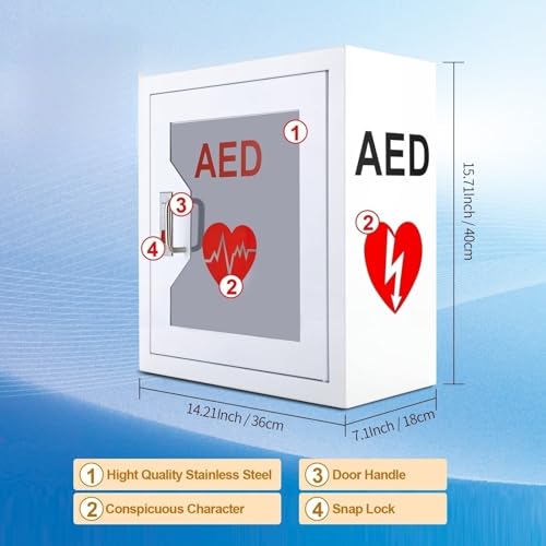 Image of Industrial Steel AED Cabinet with Viewing Window - Wall Mount Defibrillator Storage Case (14.2 x 7.1 x 15.7 Inches)