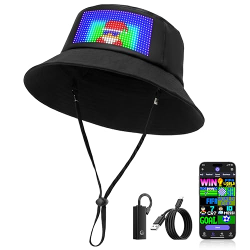 Rayhome LED Bucket Hat, Bluetooth Rechargeable LED Sun Hats with Spare Battery, Full Color APP Control Display Fishing Hat, Custom Text Patterns Animations Boonie Hat for Party Christmas Halloween