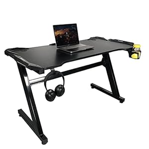 XEMA gaming tafel, koolstofvezel oppervlakte computer desk, ergonomische gaming stijl gaming tafel, met dubbele headset haken-Black with light||47 Inches