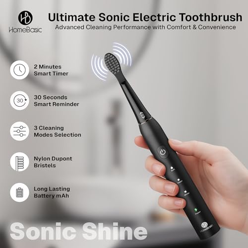 Image of HomeBasic Sonic Shine Electric Toothbrush for Adults, Rechargeable with 6 Brush Heads | 3 Modes, Smart 2-Min Timer, USB-C Charging, 50-Day Battery | IPX7 Waterproof Travel Case Included (Black)