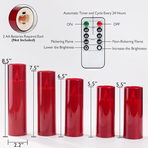 Image of Amagic Red Flameless Candles with Remote, Battery Operated Candles with Timer, Acrylic Flickering LED Candles for Christmas Decor, 3D Wick, Warm Yellow Glow, D2.2 xH5 5 inch 6 inch 7 inch 8 inch, Set of 5