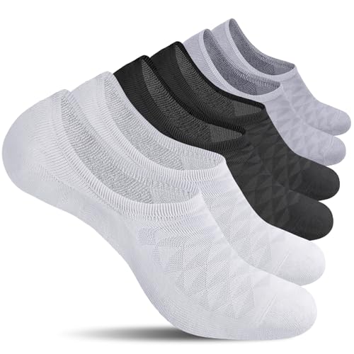 CS CELERSPORT Men No Show Socks with Cushion Low Cut Invisible Non Slip Socks (6 Pairs), Large, Black+White+Grey