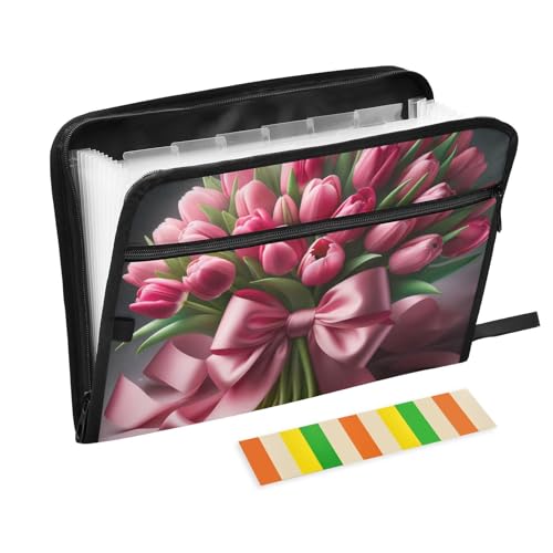 susiyo Tulip Bouquet and Pink Bow Expanding File Folder 13 Pocket A4 Letter Size Accordion Filing Folder