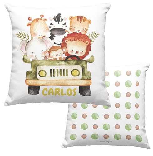 Worfull Regalos Cojín Personalizado, cojín con Nombre, guardería, cojín Infantil, cumpleaños, niños, bebé, Almohada, Vuelta al Cole, Regalo Original, Nacimiento (Coche con ANIMALITOS)